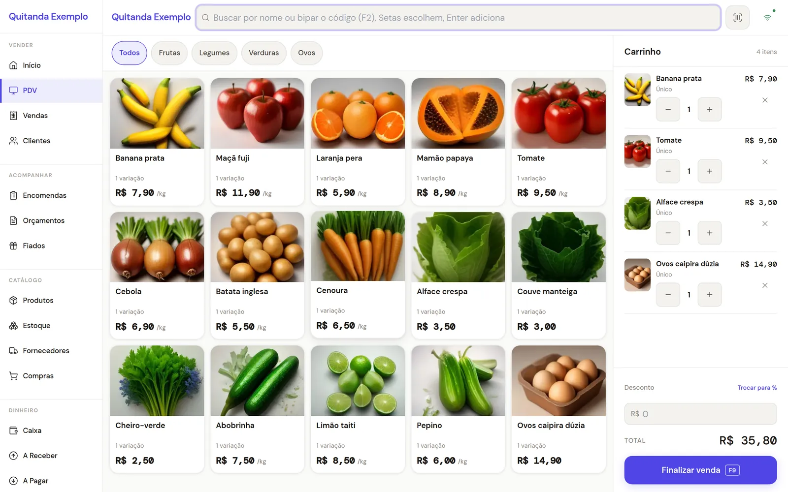 Tela do PDV de uma quitanda: frutas, legumes e verduras com foto e preço por quilo, e carrinho com quatro itens, total de R$ 35,80.